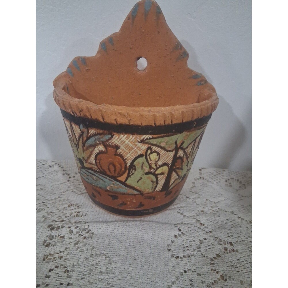 Vtg Mexican Folk Art Pottery Wallpocket Hanging Plant Pot